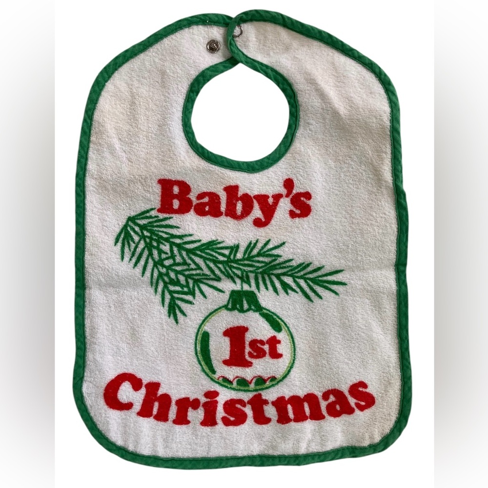 Vintage‎ Russ Berrie 1979 Baby Bib Baby’s 1st First Christmas Vinyl Back Snap.